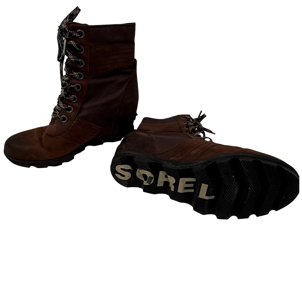 Sorel Lexie Wedge Boots Dark Brown Leather Lace Up‎ NL3046-908 Womens 9